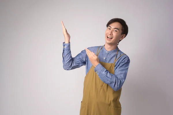Portrait Young Asian Man Wearing Apron White Background Studio Cooking — Photo