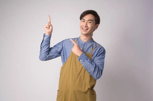 Portrait Young Asian Man Wearing Apron White Background Studio Cooking — Stock Fotó