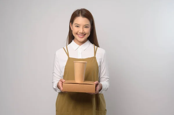 Portrait Young Asian Woman Wearing Apron White Background Studio Cooking — Stockfoto