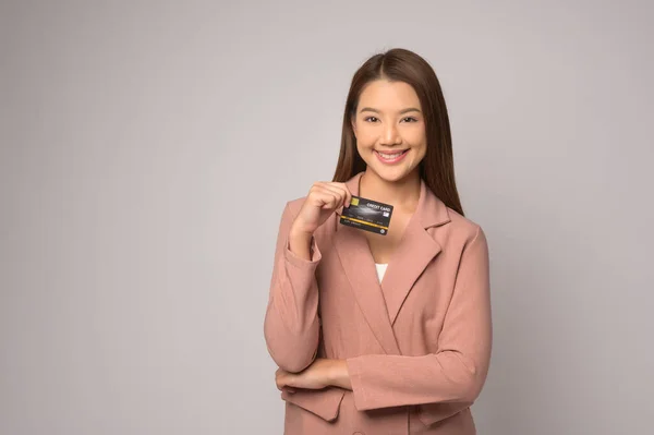 Young Asian Woman Holding Credit Card White Background Studio Shopping — Stok fotoğraf