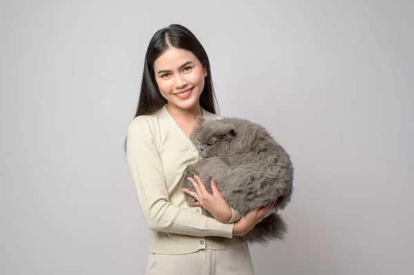 Young Woman Holding Lovely Cat Playing Cat Studio White Background — 스톡 사진