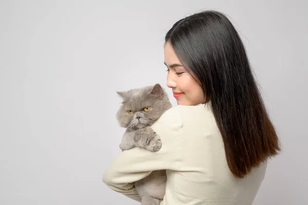 Young Woman Holding Lovely Cat Playing Cat Studio White Background — Stock Fotó