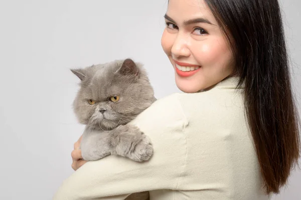 Young Woman Holding Lovely Cat Playing Cat Studio White Background — Photo