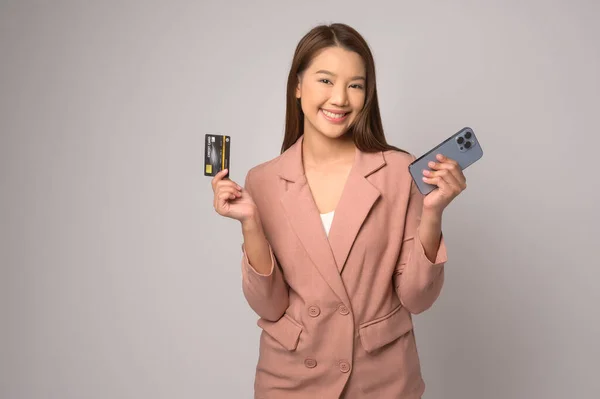 Young Asian Woman Holding Credit Card White Background Studio Shopping — 图库照片