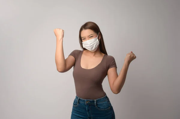 Young Asian Woman Wearing Protective Mask White Background Studio Safety — Stock Fotó