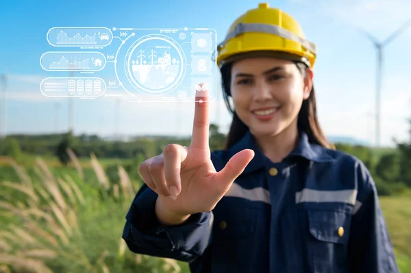 Крупним Планом Інженерна Рука Жінки Торкається Віртуальної Реальності Аналітика Інженерні — стокове фото