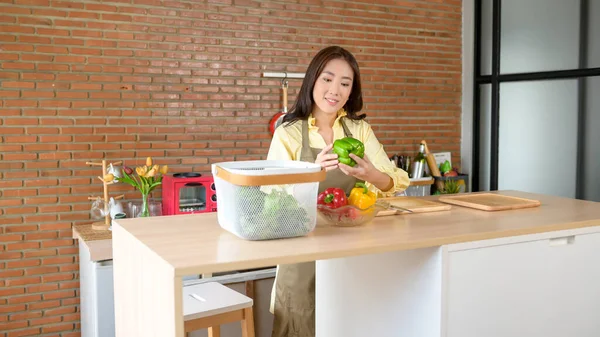 Una Joven Sonriente Asiática Mujer Usando Delantal Cocina Habitación Cocina — Foto de Stock