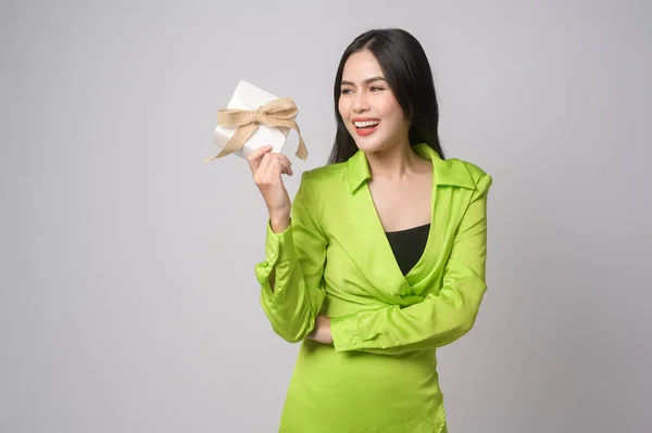 Beautiful Woman Holding Gift Box White Background Studio — Stock Photo, Image