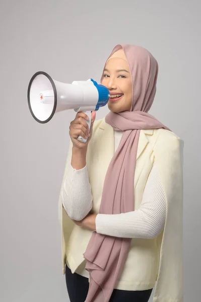 Young Beautiful Woman Holding Megaphone White Background Studio — Stok fotoğraf