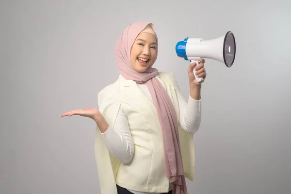 Young Beautiful Woman Holding Megaphone White Background Studio — Stockfoto