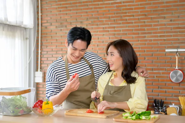 Een Jong Glimlachend Aziatisch Echtpaar Draagt Een Schort Keuken Koken Rechtenvrije Stockfoto's