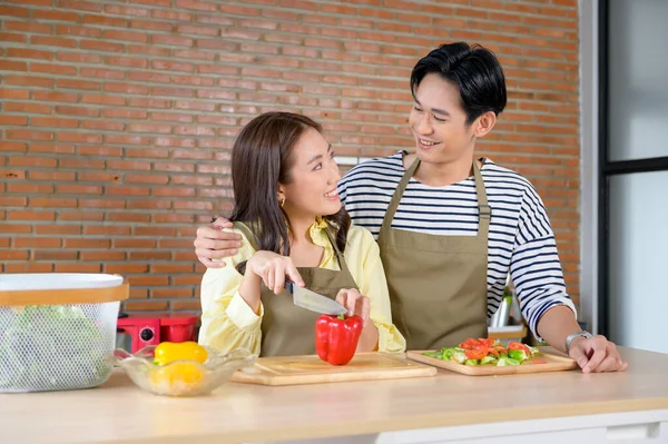 Una Joven Sonriente Pareja Asiática Vistiendo Delantal Cocina Concepto Cocina Imagen de archivo