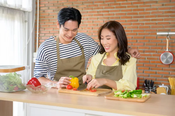 Een Jong Glimlachend Aziatisch Echtpaar Draagt Een Schort Keuken Koken Rechtenvrije Stockafbeeldingen