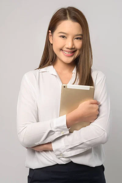 Young Asian Woman Using Tablet White Background Technology Concept — Stock Fotó