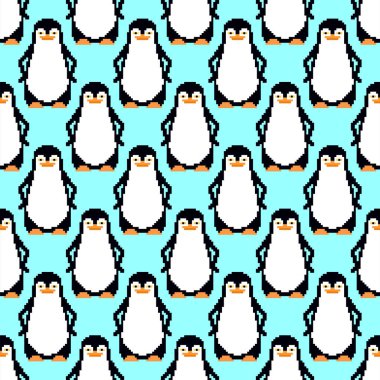 Penguen pikseli sanat desenleri kusursuz. pixelated uçamayan deniz kuşu arka planı. 8 bit vektör dokusu