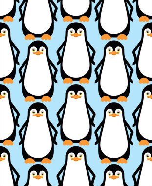 Penguen desenleri kusursuz. Uçamayan deniz kuşu arkaplanı. Vektör dokusu. Bebek kumaşı süsü.