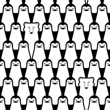 Penguen ve kutup ayısı desenleri kusursuz. Uçamayan deniz kuşu arkaplanı. Antarktika dokusu. Bebek kumaşı süsü.