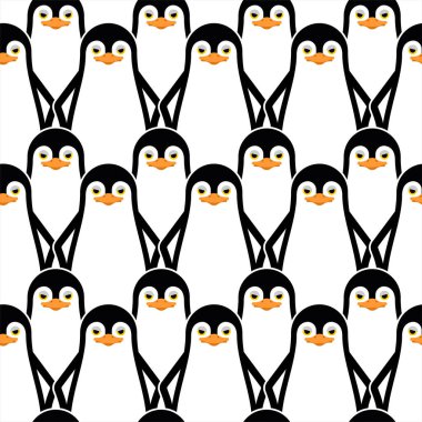 Penguen desenleri kusursuz. Uçamayan deniz kuşu arkaplanı. Vektör dokusu. Bebek kumaşı süsü.