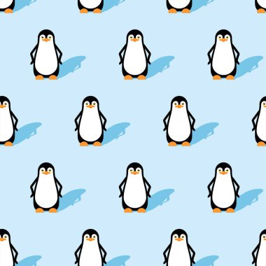 Penguen desenleri kusursuz. Uçamayan deniz kuşu arkaplanı. Vektör dokusu. Bebek kumaşı süsü.