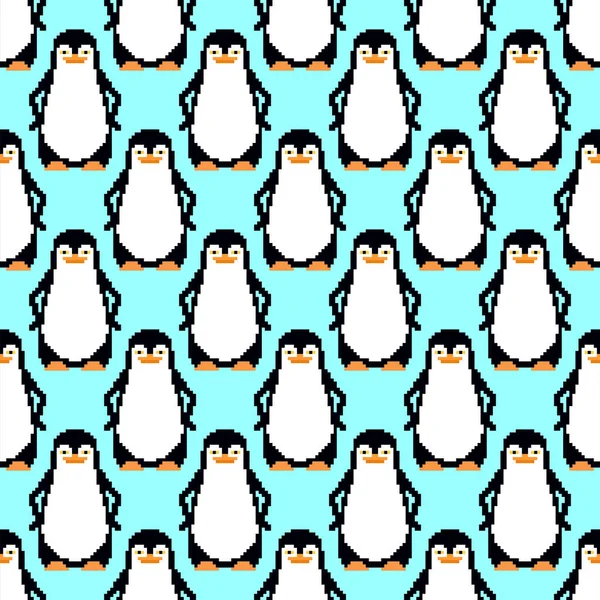 企鹅像素艺术图案无缝 像素化的无飞行海鸟背景 8位矢量纹理 — 图库矢量图片