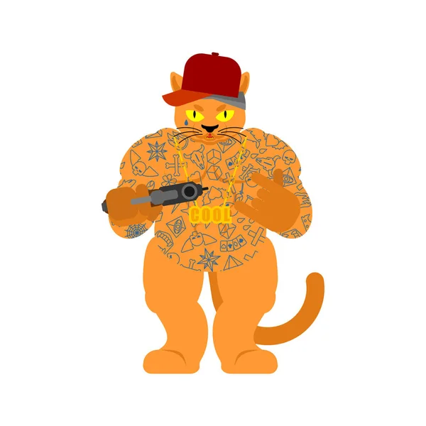 Gangsta猫被隔离了街头罪犯团伙中愤怒的恶霸成员 纹身和武器 金链和枪 — 图库矢量图片
