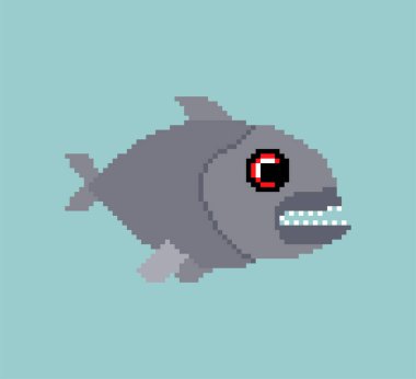 Piranha piksel sanatı. Tatlı su balığı piksellendi. 8 bit vektör illüstrasyonu