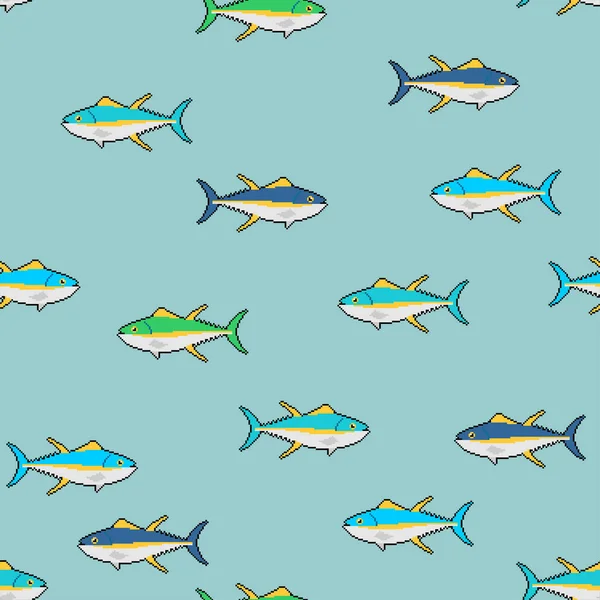 Tuna Pixel Art Pattern Seamless Pixelated Tunny Seafood Fish Background — Stock Vector