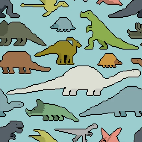 Dinosaurs Pixel Art Seamless Pattern 8Bit Dino Texture Pixelated Prehistoric — Stock Vector