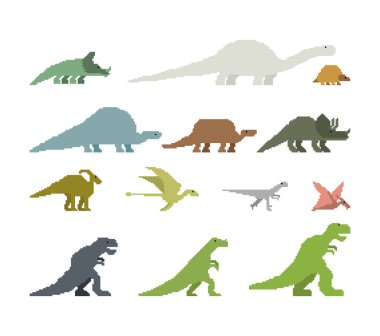 Dinozor pikseli sanat seti. Antik hayvan. Diplodocus ve Stegosaurus, Pterosaur. Ankylosaurus ve Triceratops. Styracosaurus ve Iguanodon, Apatosaurus. Tyrannosaur ve Panoplosaurus. Pterodactyl ve Parasaurolophus. Ceratosaurus ve Raptor. Dino prehi