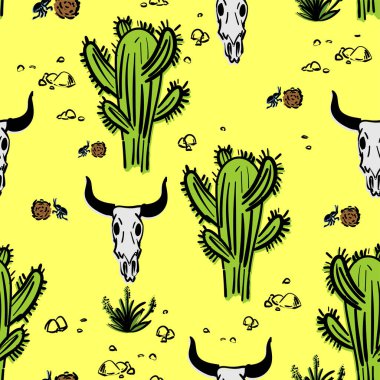 Çöl desenli, pürüzsüz el çizimi. inek kafatası ve kaktüs arka planı.
