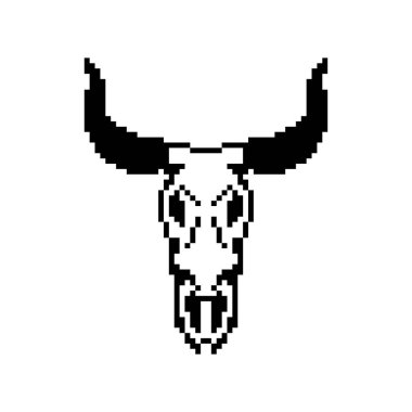 İnek kafatası piksel sanatı izole edildi. 8 bit İnek iskelet çizimi