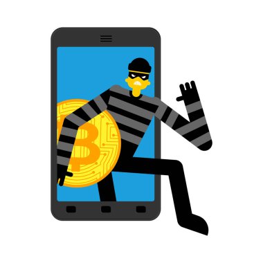 Bitcoin 'in online hırsızlığı. Hırsız, kripto para birimini cihazdan çaldı. Elektronik para çalan internet. Hırsız ve akıllı telefon.
