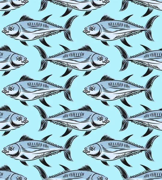 Atún Dibujo Mano Patrón Grabado Sin Costura Tunny Fondo Pescado — Vector de stock