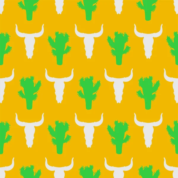Patrón Del Desierto Sin Costuras Cráneo Vaca Fondo Cactus — Vector de stock