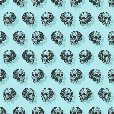 Kurukafa pikseli desenleri kusursuz. pixelated İskelet kafa arka planı. 8 bit vektör süsü. Eski video oyunu grafik dokusu