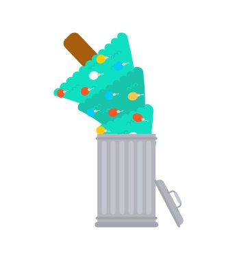 Çöp kutusundaki Noel ağacı. Noel ağacını at. Tatili çöpe at. Tatil sonu konsepti.