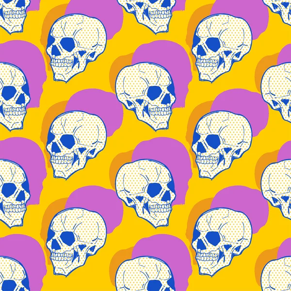 Skull Pop Art Pattern Seamless Head Skeleton Background Retro Vector — 图库矢量图片
