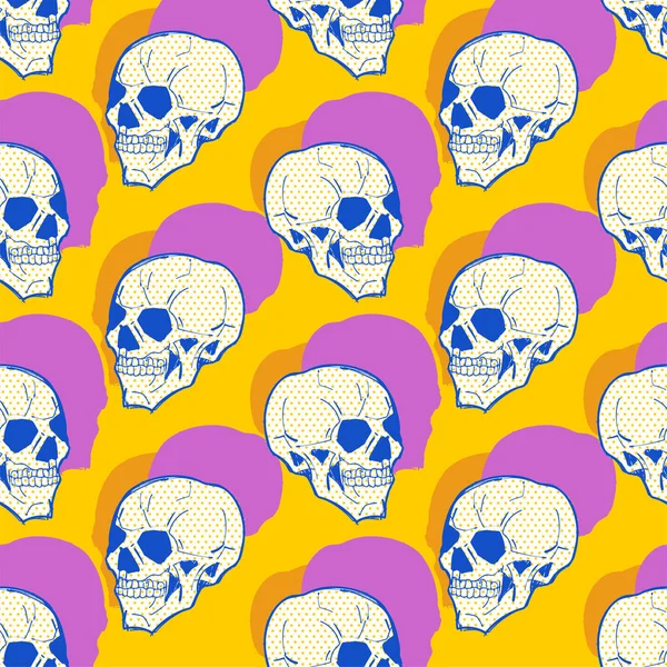 Skull Pop Art Pattern Seamless Head Skeleton Background Retro Vector — Vetor de Stock