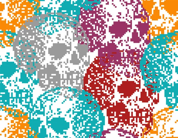 スカルピクセルアートパターンシームレス ピクセル化されたスケルトンヘッドの背景 8ビットベクトル装飾 古いビデオゲームグラフィックテクスチャ — ストックベクタ