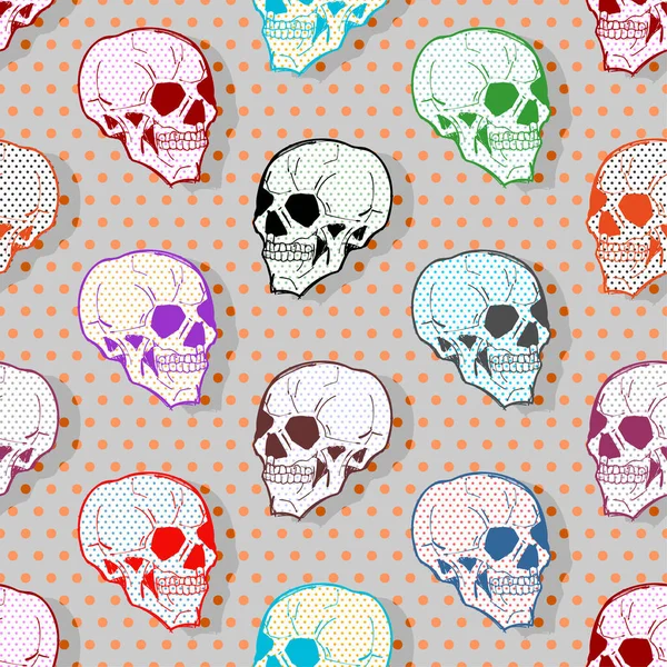 Skull Pop Art Pattern Seamless Head Skeleton Background Retro Vector — Vetor de Stock