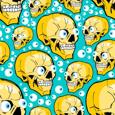 Kafatası çizgi film desenleri pürüzsüz. Çılgın iskelet kafa taslak el çizimi arka plan. Vektör dokusu
