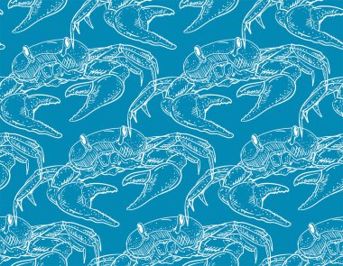 Yengeç desenli dikişsiz el çizimi. Doğrusal deniz kanseri geçmişi. Bebek kumaşı süsü.