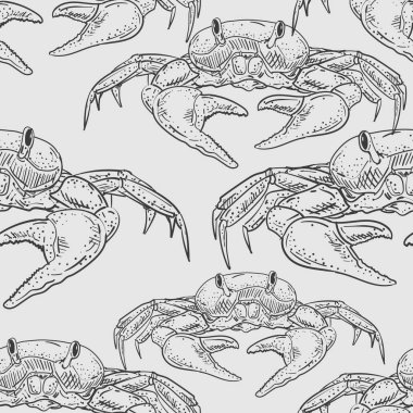 Yengeç desenli dikişsiz el çizimi. Doğrusal deniz kanseri geçmişi. Bebek kumaşı süsü.