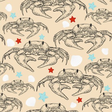 Yengeç desenli dikişsiz el çizimi. Doğrusal deniz kanseri geçmişi. Bebek kumaşı süsü.