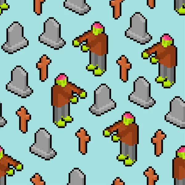 Zombie Pixel Kunst Patroon Naadloos Bit Dode Man Het Kerkhof — Stockvector