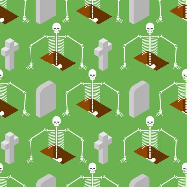 Mezarlık arka planı. İskelet mezardan pürüzsüz bir şekilde çıkıyor.. 