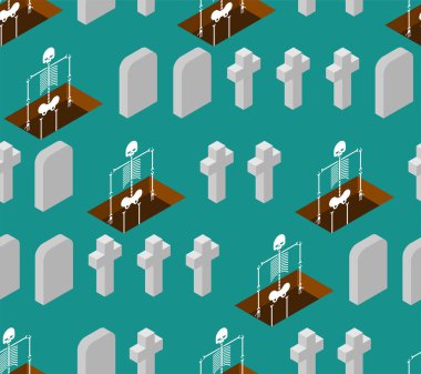 Mezarlık arka planı. İskelet mezardan pürüzsüz bir şekilde çıkıyor.. 