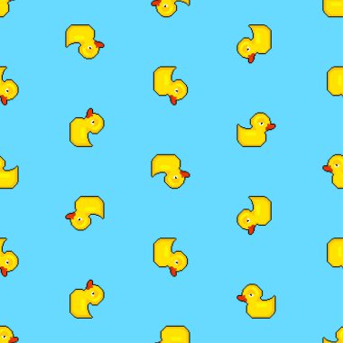 Kauçuk ördek pikseli desenleri kusursuz. 8 bitlik oyuncak arka planı. pixelated doku