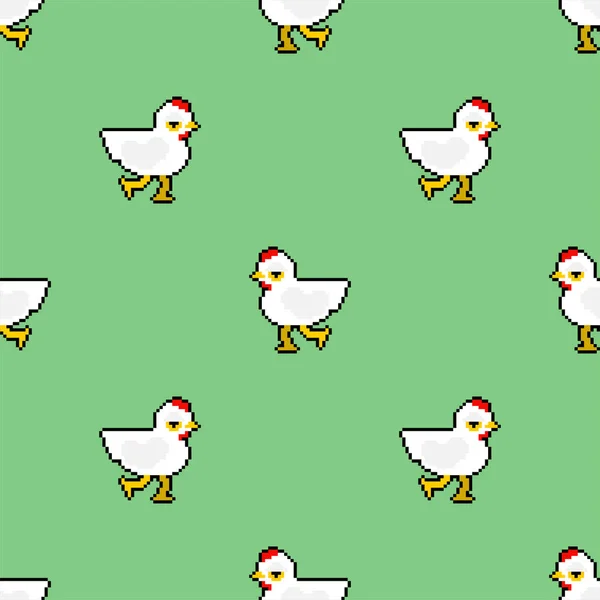 Pollo Pixel Art Pattern Senza Soluzione Continuità Bit Sfondo Gallina — Vettoriale Stock