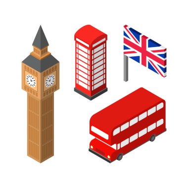 Londra 'nın simgesi. Kırmızı çift katlı ve telefon kulübesi. İngiliz bayrağı ve Büyük Ben Elizabeth Kulesi